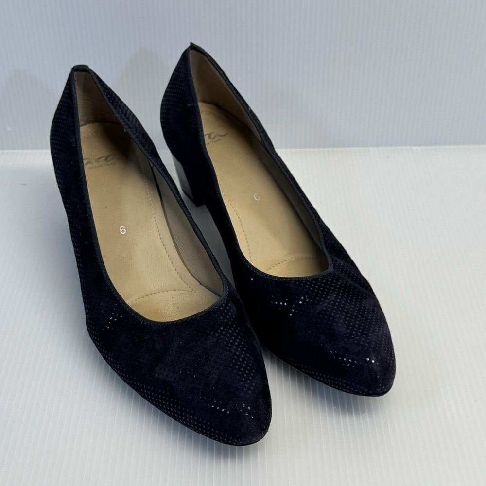 Ara Block Heel Pumps Womens‎ 8.5 Navy Blue Suede Shimmer Office Classic Elegant